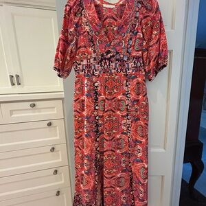 Anthropologie Vibrant Red and Pink Long Sleeve Dress